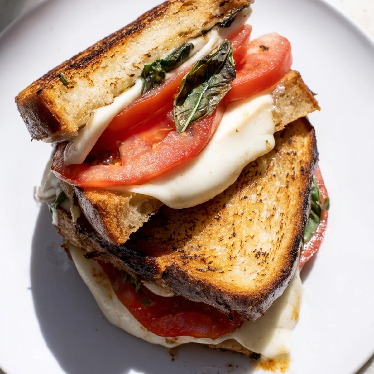 A close-up of Tomato Basil Grilled Cheese, tomato slices peeking from crispy, buttery bread.  