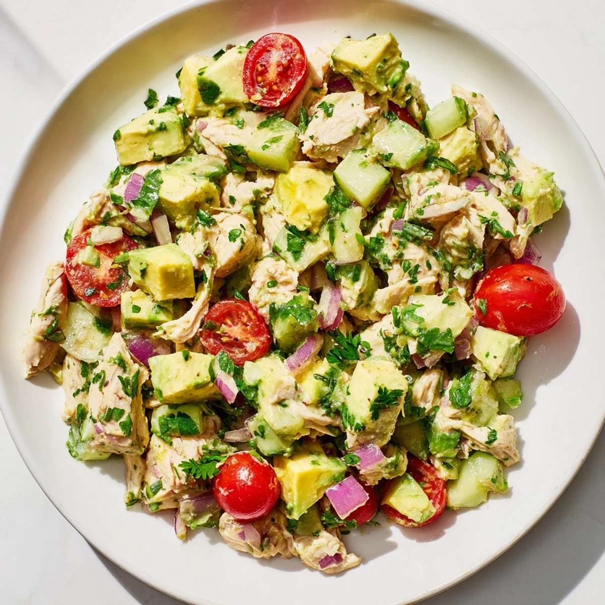 Healthy Avocado Chicken Salad recipe served in lettuce cups, topped with herbs and a light lime-olive oil dressing.