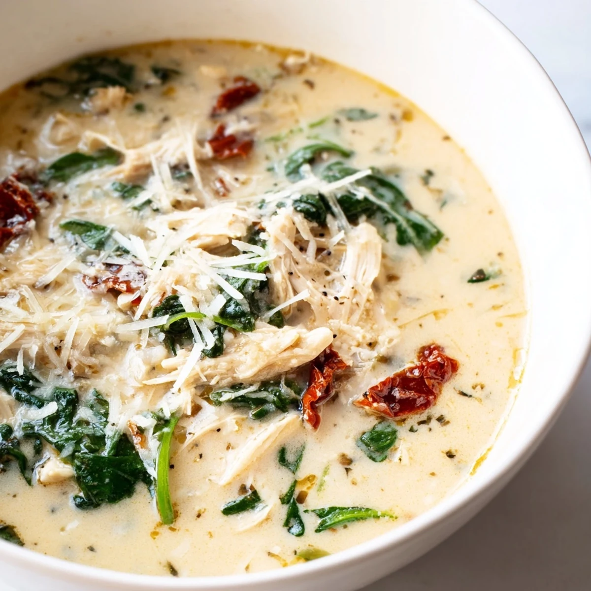 A steaming bowl of Creamy Tuscan Chicken Soup with tender shredded chicken, vibrant spinach, and chopped sun-dried tomatoes in a creamy herb broth.  