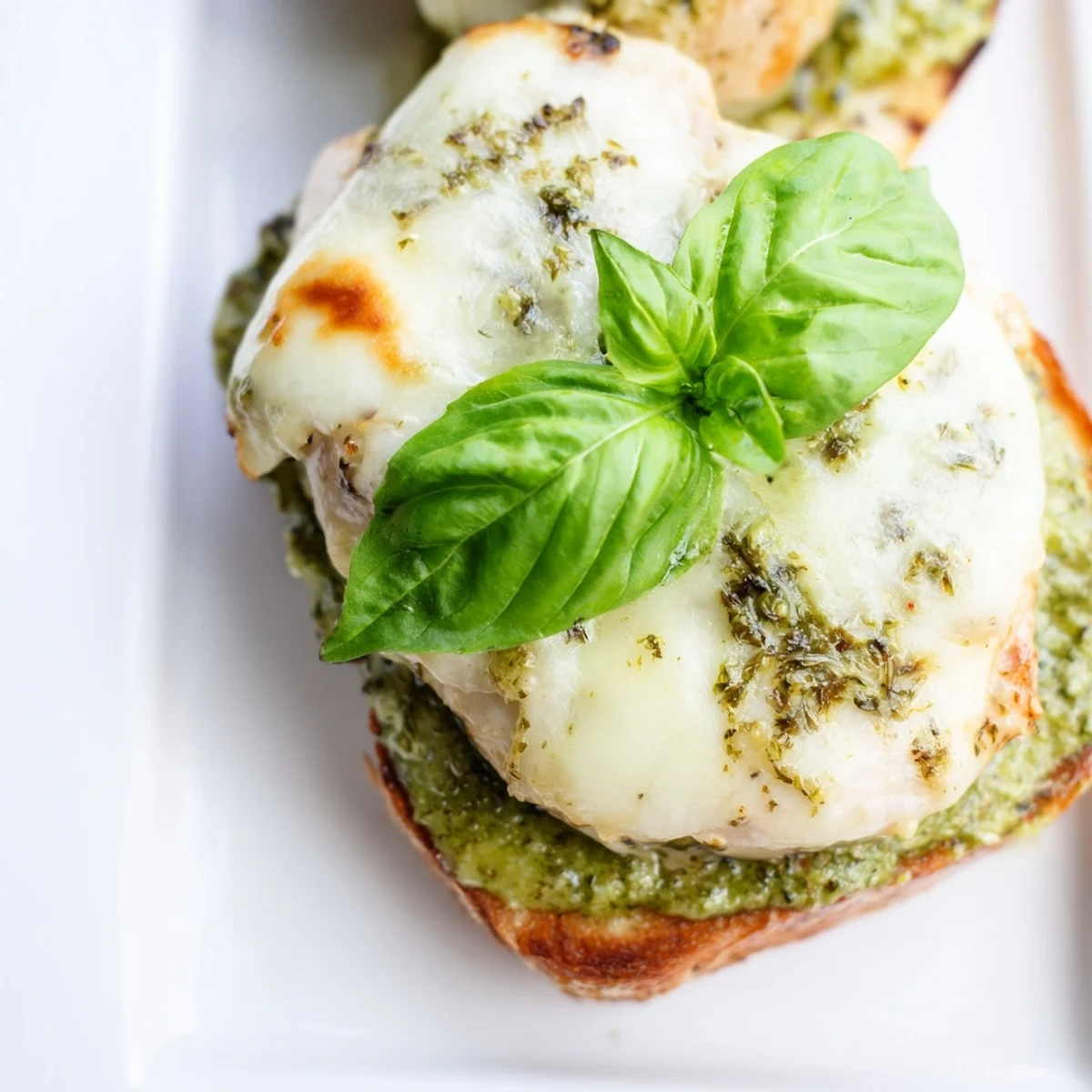 A Pesto Chicken Melt sandwich stacked high with fresh basil leaves and tomato slices, showcasing the gooey mozzarella and juicy grilled chicken on toasted ciabatta.