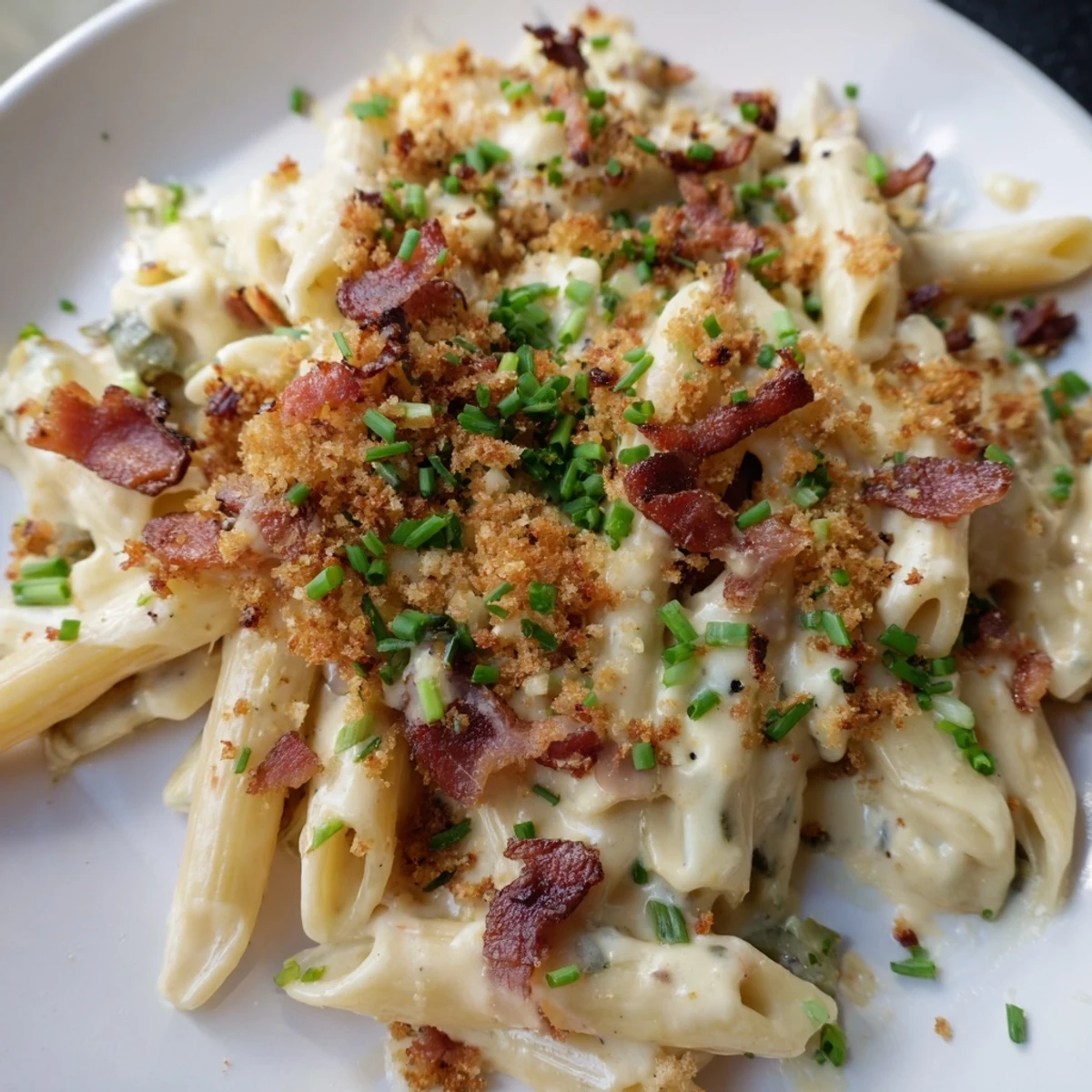 Creamy Jalapeño Popper Pasta features roasted peppers, crispy bacon, and a rich, bubbly cheese sauce in every penne bite.  