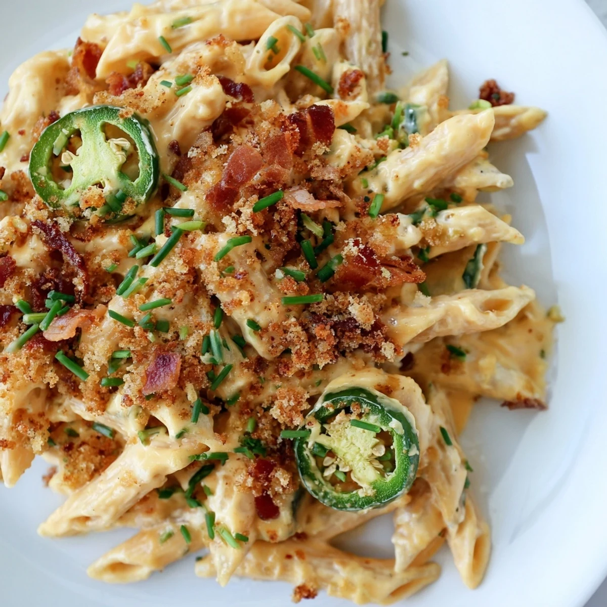 Spicy and cheesy Jalapeño Popper Pasta served in a white bowl, garnished with charred jalapeños and smoky bacon pieces.