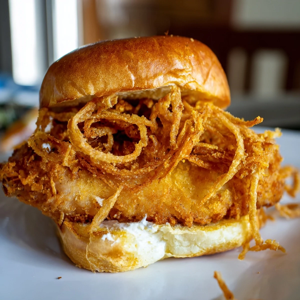 Golden-brown Crispy Onion Chicken Sandwich on a toasted brioche bun, piled high with crunchy fried onions and creamy aioli.  