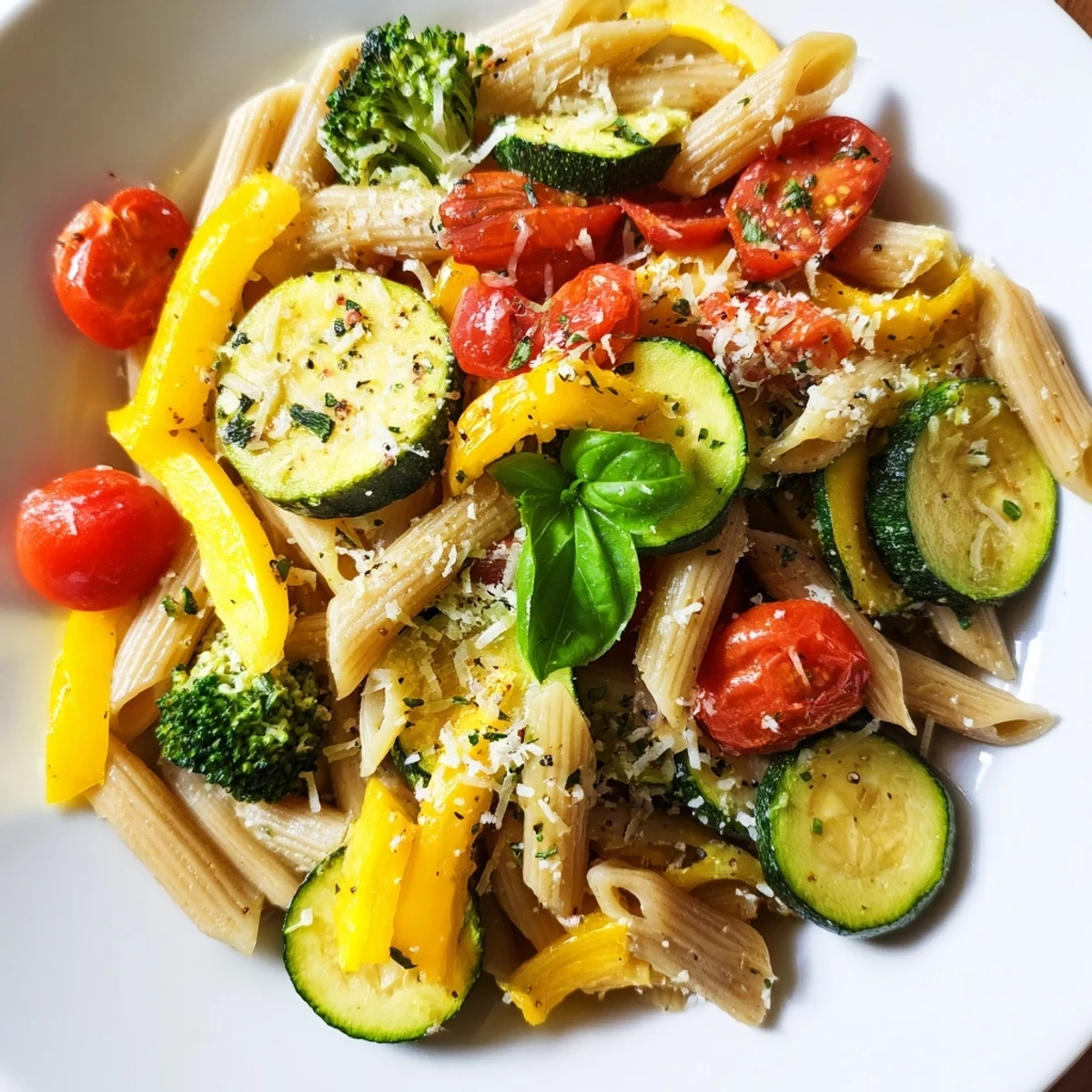 Close-up of vibrant Pasta Primavera with roasted zucchini, bell peppers, and cherry tomatoes tossed in olive oil and garlic.