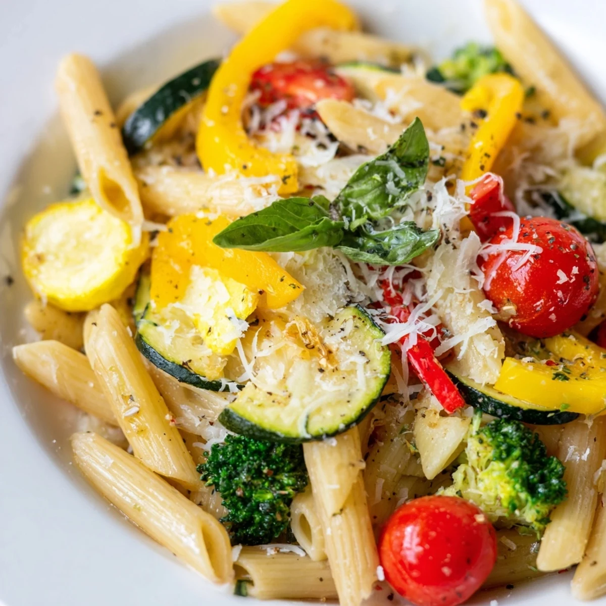 Steamy skillet of Italian Pasta Primavera with seasonal vegetables, served with lemon wedges and a sprinkle of fresh basil.