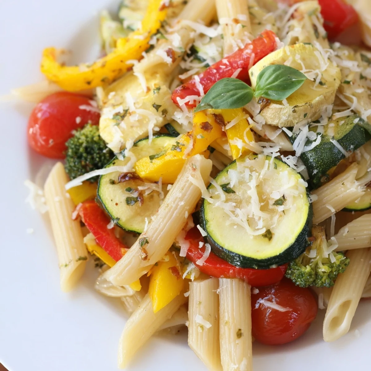 A colorful plate of homemade Pasta Primavera featuring al dente penne and fresh herbs, topped with grated Parmesan cheese.