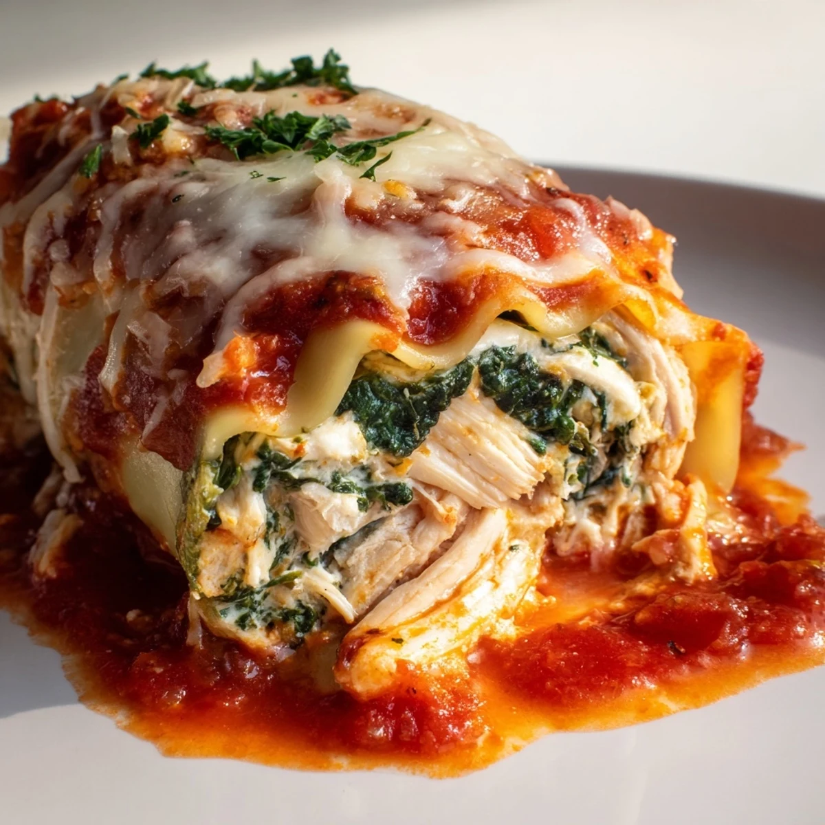 Freshly baked Chicken and Spinach Lasagna Rolls served on a white plate, with bubbling cheese and a side salad.