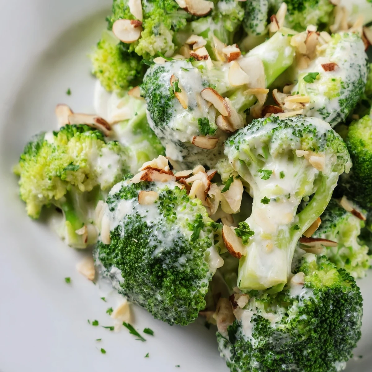 Bright green broccoli florets tossed with creamy garlic Parmesan dressing, red onion, and toasted almonds for a vibrant salad.