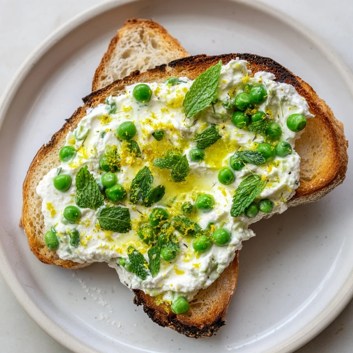 Creamy pea and mint ricotta toast on golden sourdough, topped with bright lemon zest for a fresh breakfast.