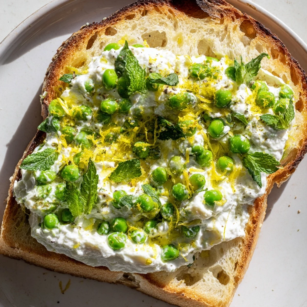 Warm sourdough toast layered with smooth pea and mint ricotta, finished with lemon zest and a drizzle of olive oil.