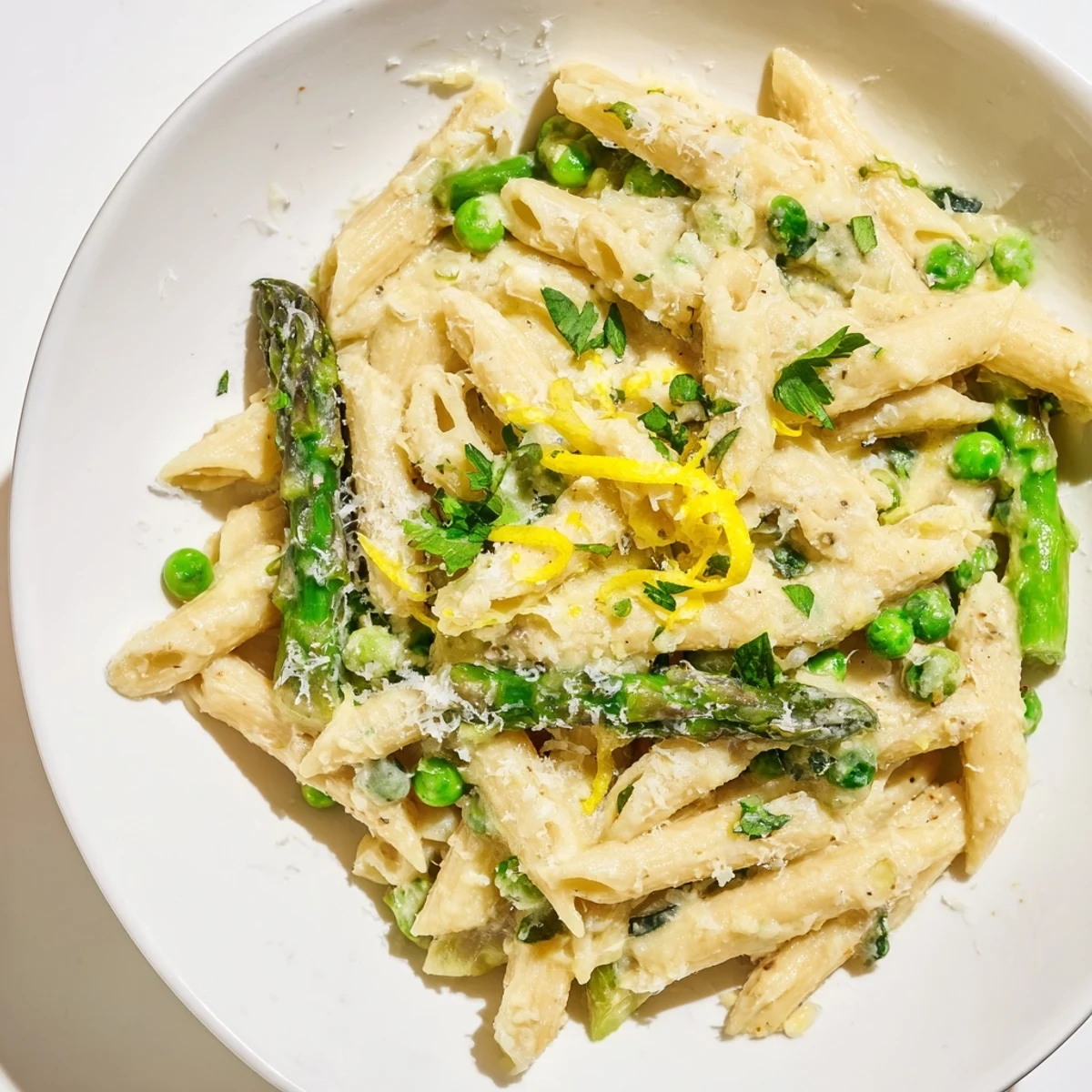 Creamy Garlic Parmesan Spring Vegetable Pasta is served in a white bowl, with bright green asparagus, peas, and al dente penne coated in a light, velvety sauce.