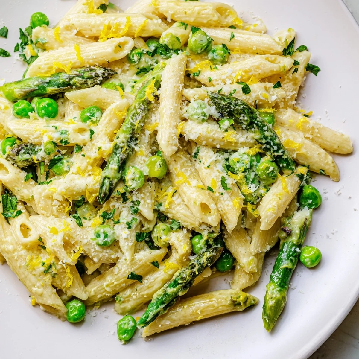 A close-up of Garlic Parmesan Spring Vegetable Pasta reveals tender vegetables and fresh basil garnish, steaming gently for a cozy springtime meal.