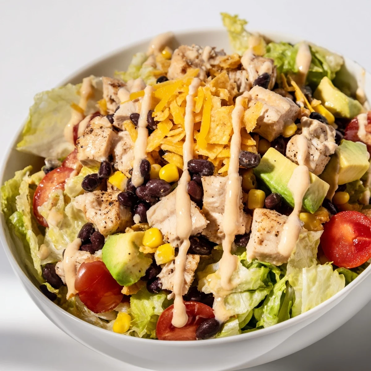 Vibrant chopped salad bowl with seasoned chicken, crunchy tortilla chips, and creamy salsa ranch dressing.  