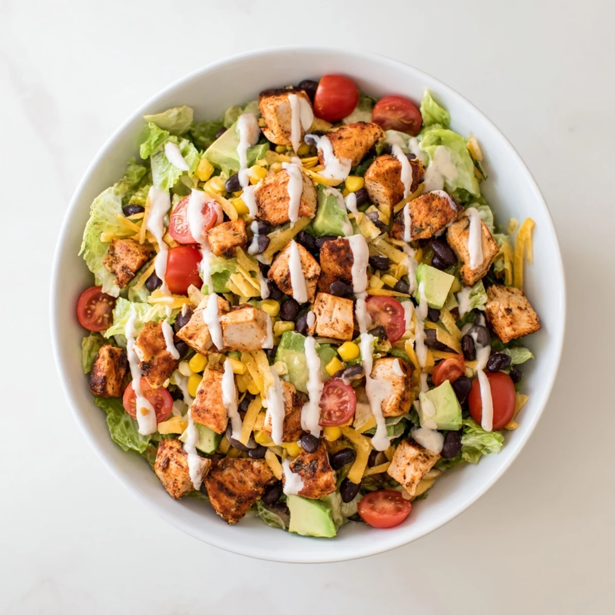 Colorful Tex-Mex Chicken Taco Chopped Salad topped with cheese, corn, tomatoes, and crushed chips.