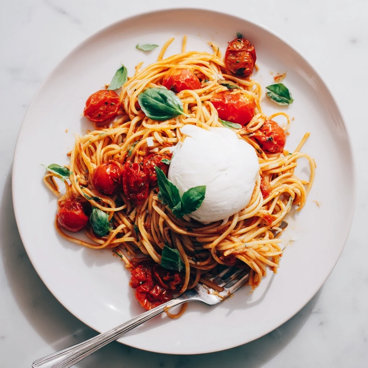 Creamy burrata caprese pasta topped with halved cherry tomatoes and fresh basil on a rustic white plate.  