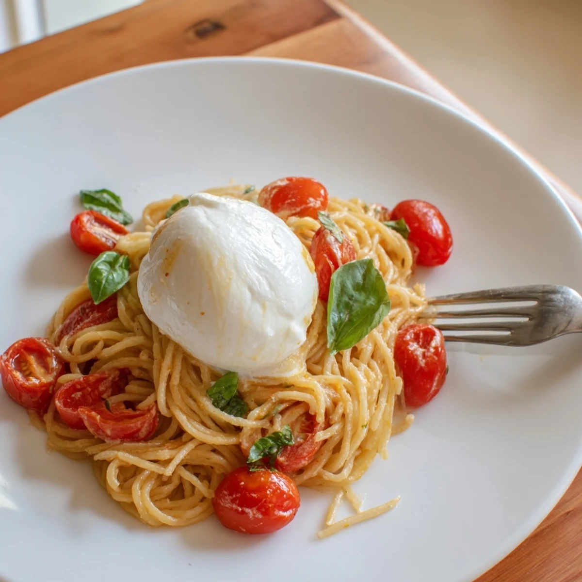 Plate of burrata caprese pasta with melted cheese, juicy tomatoes, and aromatic basil leaves glistening with olive oil.  