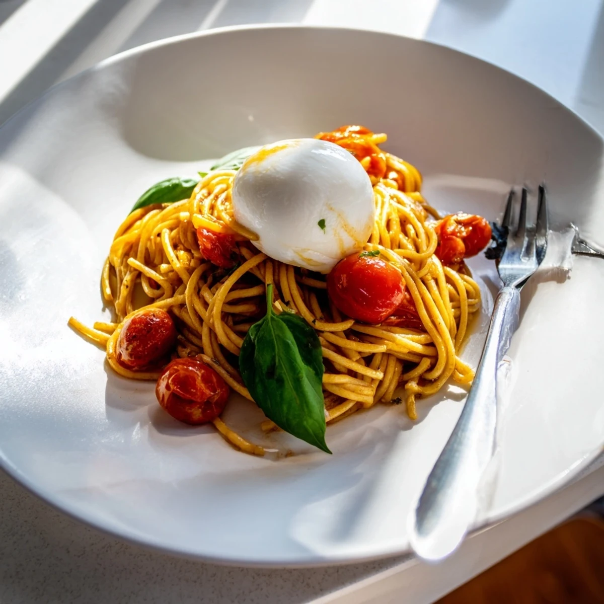 Vibrant burrata caprese pasta featuring torn burrata, garlic-tossed tomatoes, and al dente noodles for a comforting meal.