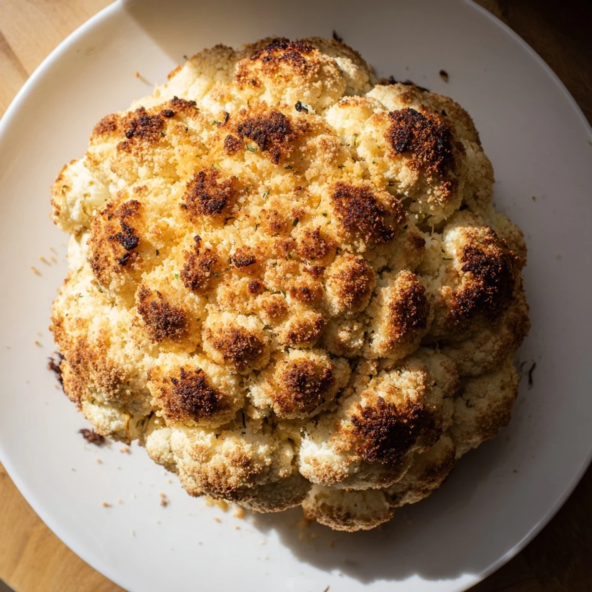 A whole roasted Cheesy Stuffed Cauliflower Head with a golden, bubbling cheese crust and creamy filling.