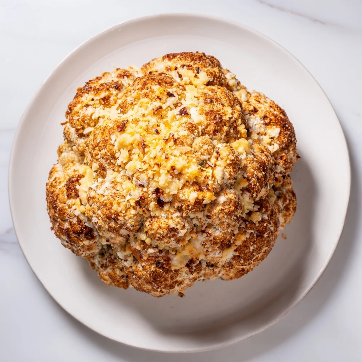 Sliced wedges of Cheesy Stuffed Cauliflower Head reveal the molten cheddar and herb center on a rustic plate.