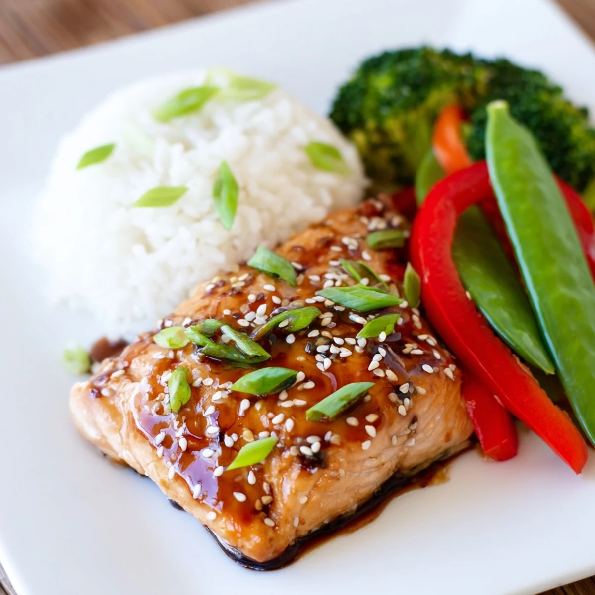 Glossy maple soy glazed salmon fillets resting on fluffy rice with vibrant broccoli and red bell peppers.