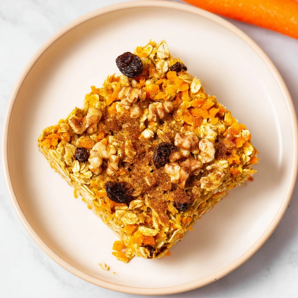 Golden-brown Carrot Cake Baked Oatmeal fresh from the oven, studded with shredded carrots and raisins.
