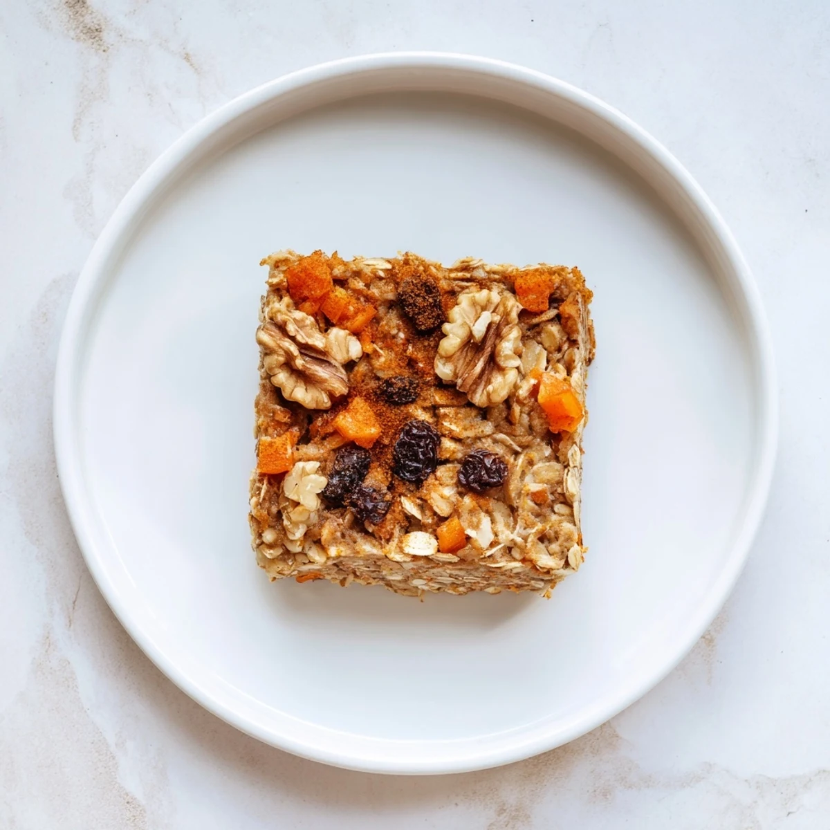 A slice of warm Carrot Cake Baked Oatmeal topped with creamy Greek yogurt and maple syrup.