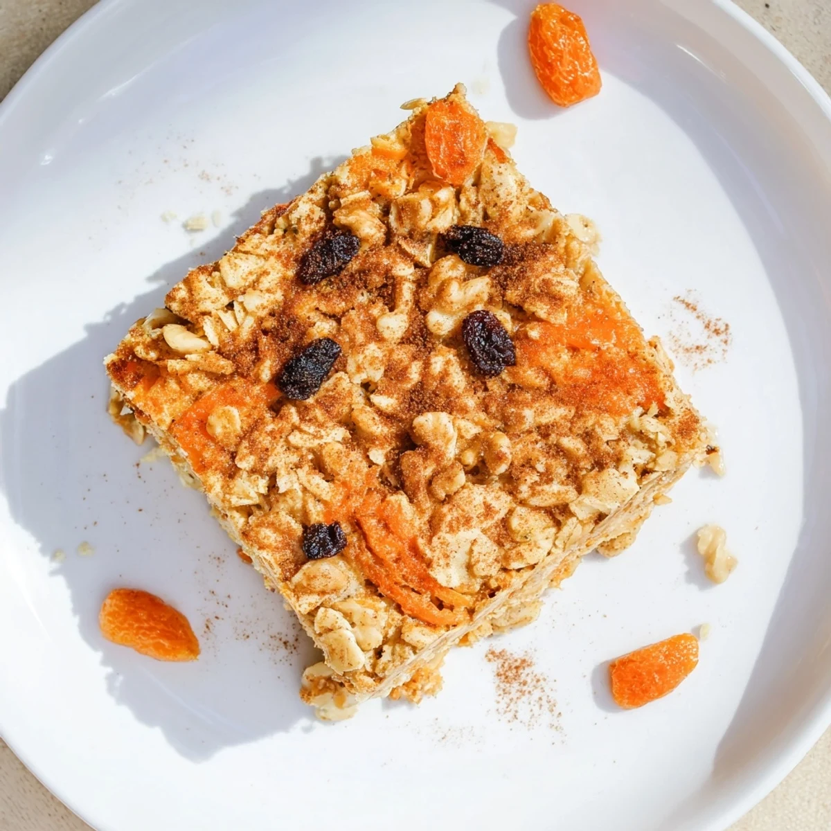 Hearty Carrot Cake Baked Oatmeal served in a rustic dish, garnished with toasted walnuts and coconut.