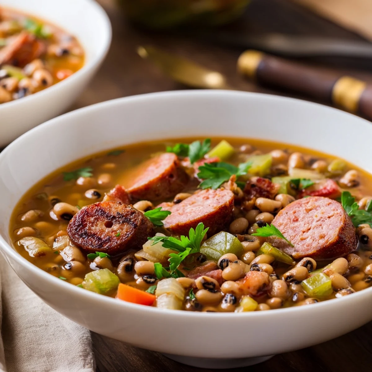 Steaming Southern-Style Black-Eyed Peas simmered with smoky sausage and aromatic Creole spices in a rustic pot.