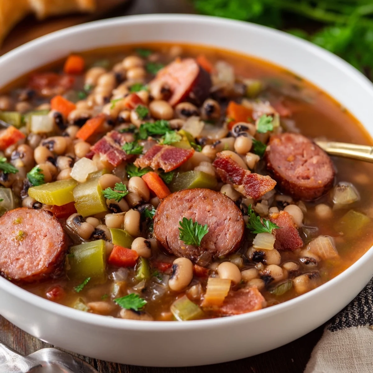Rich pot of simmering Southern-Style Black-Eyed Peas with diced bacon, bell peppers, and fresh parsley garnish.
