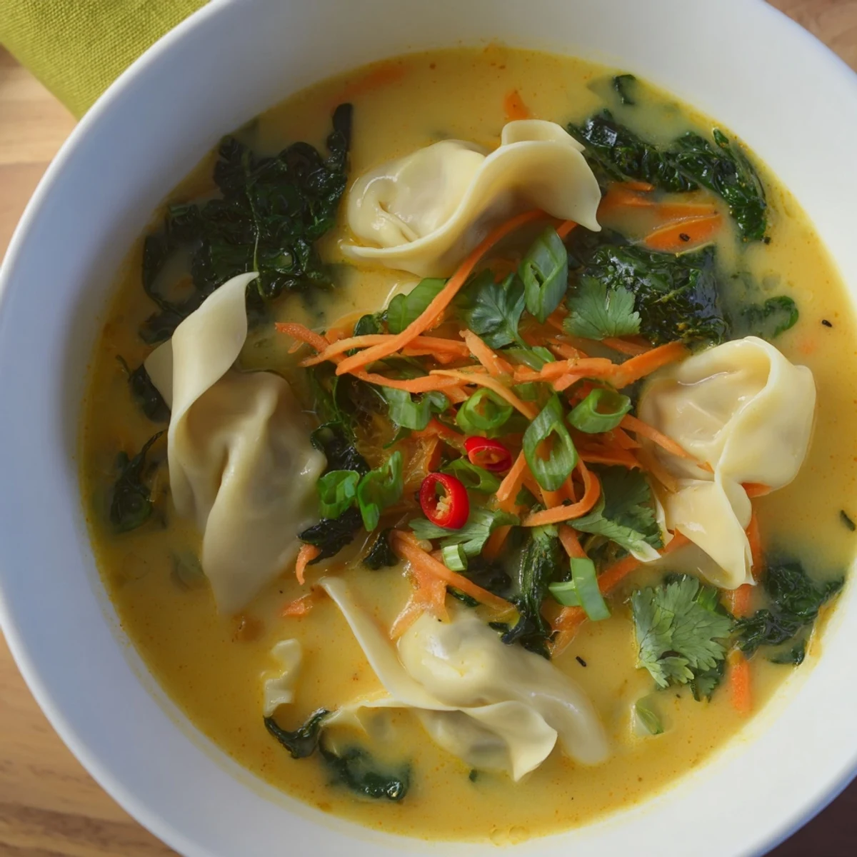 A steaming bowl of Red Curry Wonton Soup with Greens, featuring tender wontons and wilted spinach in a fragrant coconut broth, garnished with fresh lime and scallions.