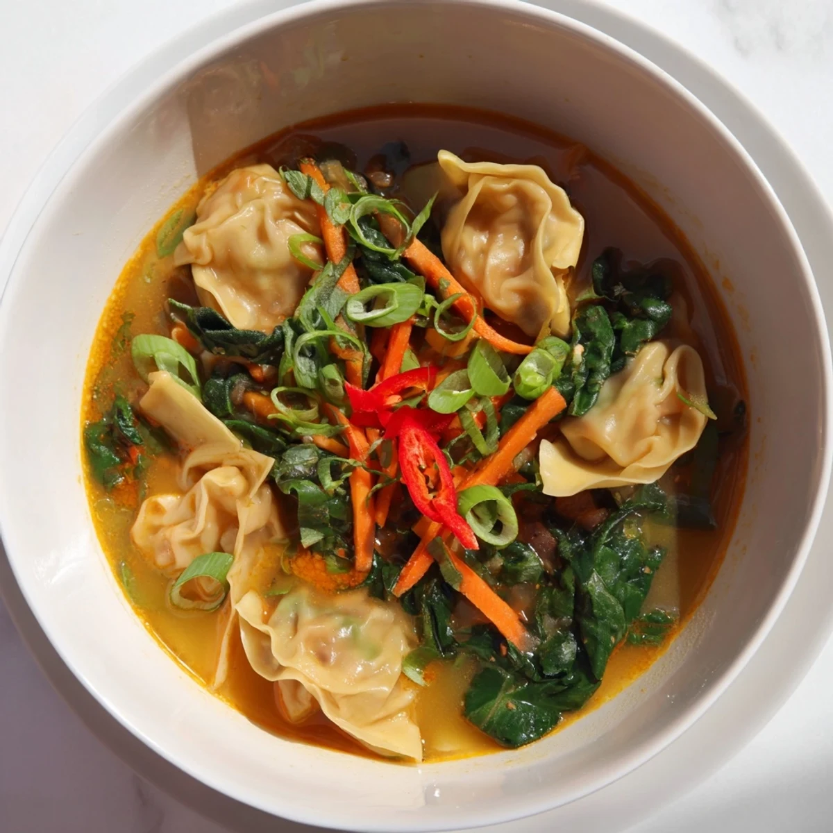 Close-up view of Red Curry Wonton Soup with Greens, highlighting plump wontons, vibrant greens, and a sprinkle of fresh cilantro and chili slices for garnish.