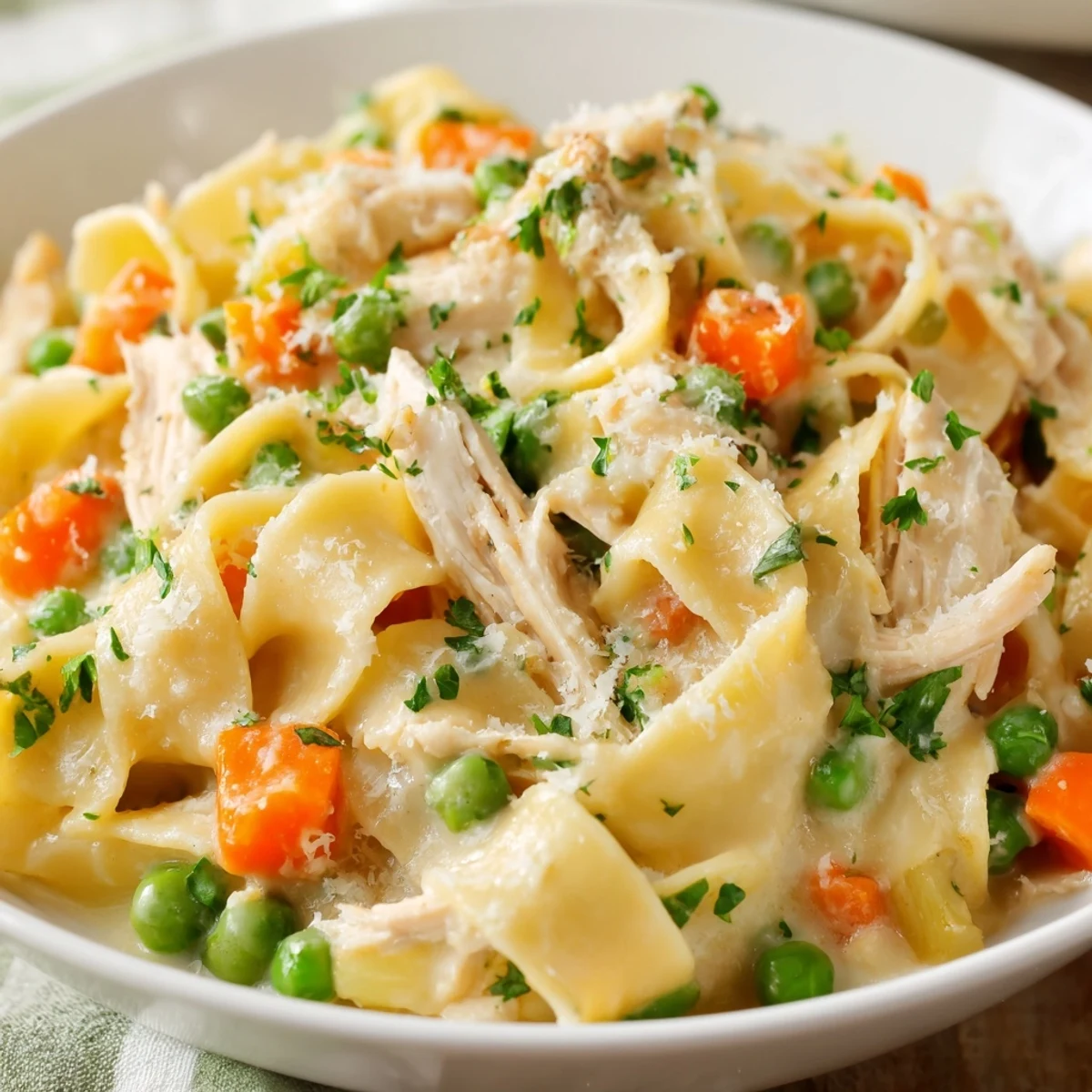 A steaming skillet of Spring Chicken Noodle Skillet with tender shredded chicken, bright peas, and carrots in a creamy sauce garnished with fresh parsley.