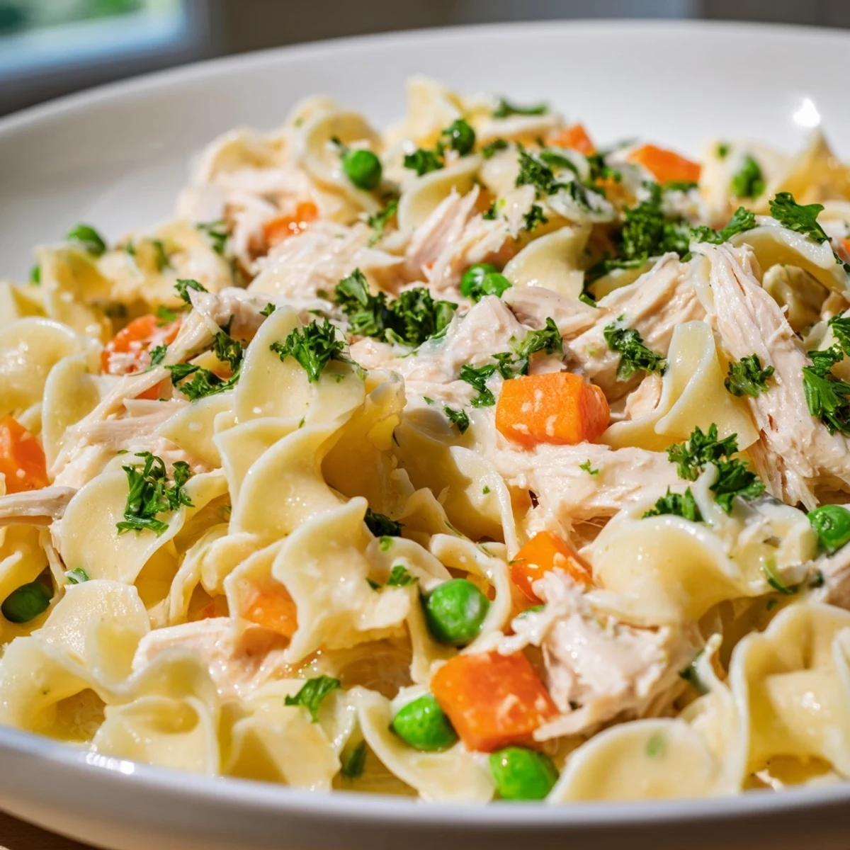 Overhead view of Spring Chicken Noodle Skillet in a white pan, featuring shredded chicken, peas, carrots, and herbs, perfect for an easy weeknight dinner.