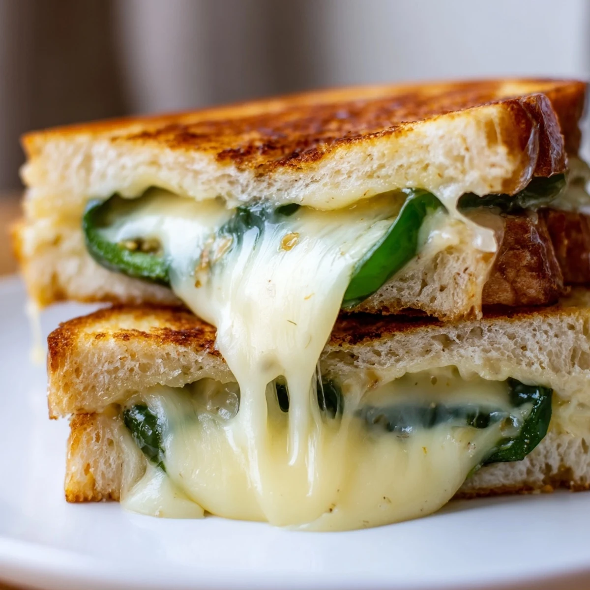 Two golden, crispy slices of Jalapeño Havarti Grilled Cheese, melted cheese oozing and vibrant jalapeños peeking from between buttery sourdough bread.