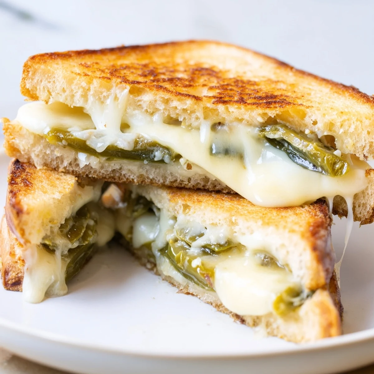 A close-up of a sliced Jalapeño Havarti Grilled Cheese, revealing creamy Havarti and fresh jalapeños on crispy, golden-brown bread.