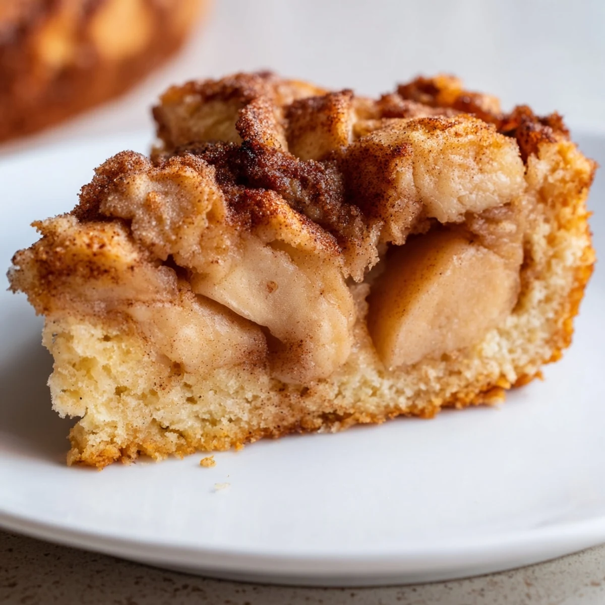Golden-brown Baked Apple Cake with warm cinnamon apples bubbling in a rustic ceramic dish.