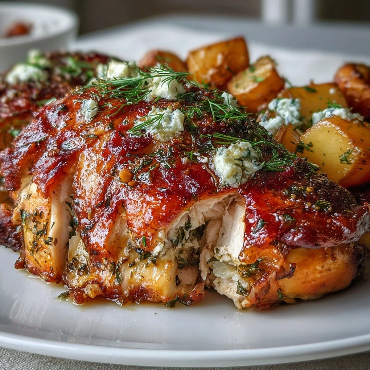Golden roasted chicken with fluffy potatoes, feta, and herbs.