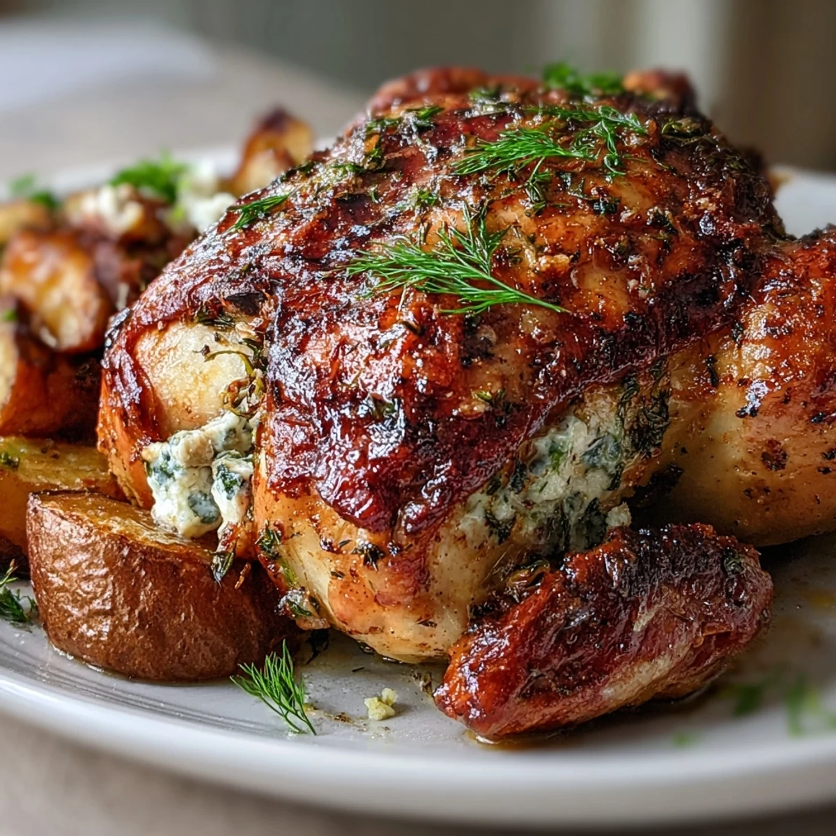 Juicy roasted chicken and potatoes, brightened with lemon, herbs, and feta sprinkle.