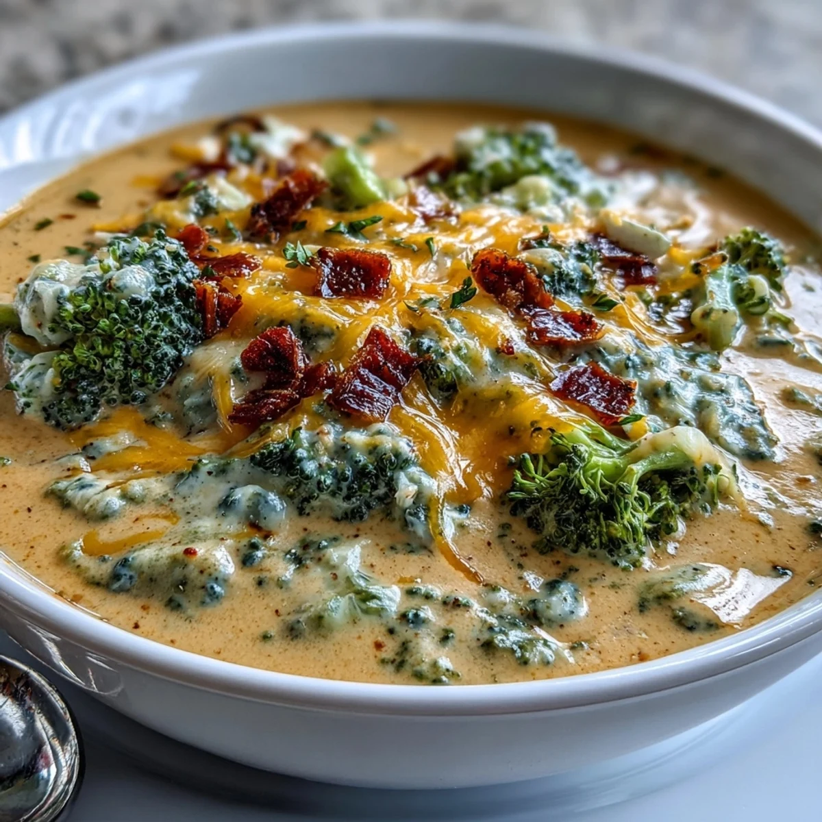 Creamy Butternut Squash Broccoli Cheddar Soup in a rustic bowl topped with roasted broccoli florets.
