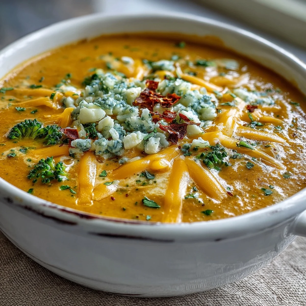 Golden, blended Butternut Squash Broccoli Cheddar Soup with a velvety texture, ready to enjoy hot.