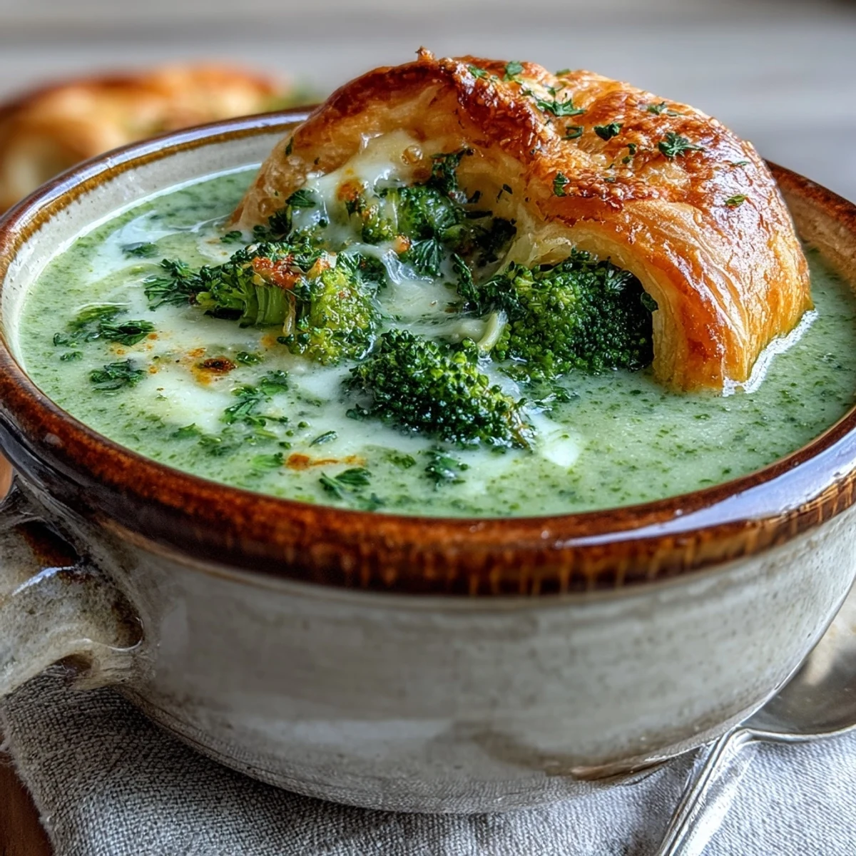 Creamy Broccoli and Butternut Squash Soup With Pastries served steaming hot with a golden, flaky cheese pastry for dipping.