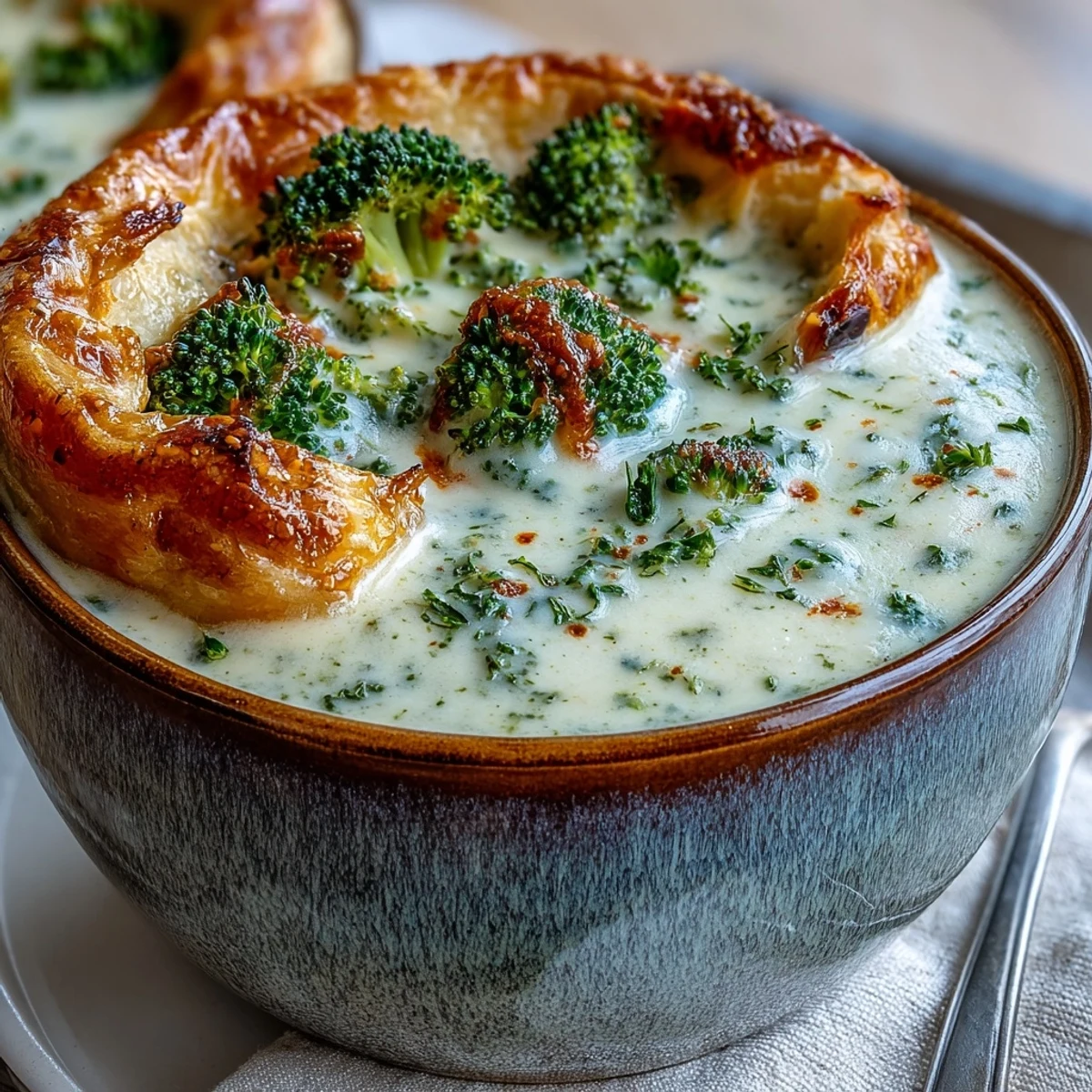 Rich Creamy Broccoli and Butternut Squash Soup With Pastries beside baked pastries filled with melted brie and cheddar cheese.