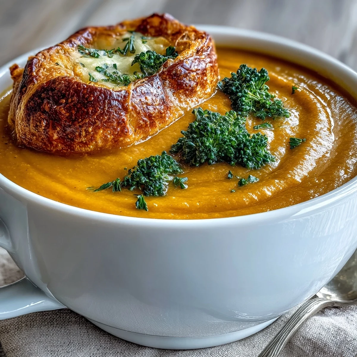 A bowl of velvety Creamy Broccoli and Butternut Squash Soup With Pastries topped with a golden puff pastry square.