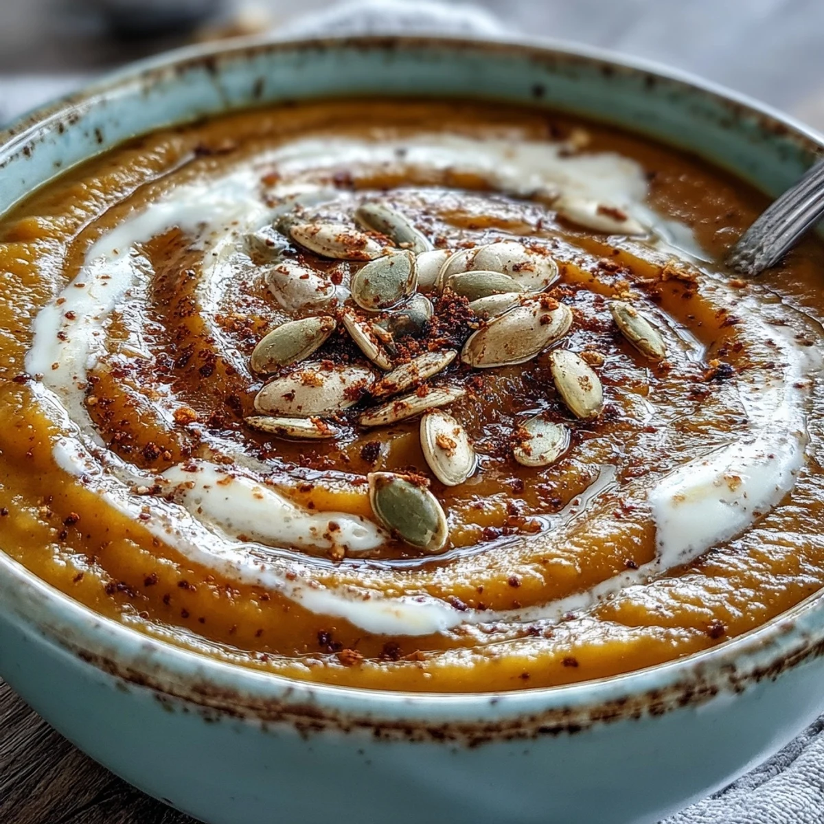 Creamy Butternut Squash and Apple Soup swirls with a dollop of white cream and toasted pumpkin seeds.