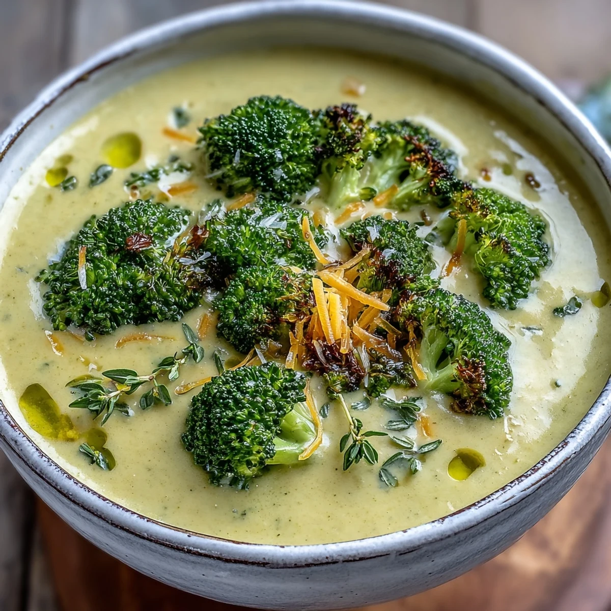 Top-down view of Roasted Broccoli Cheddar Soup served with crusty bread and fresh thyme, perfect for a comforting vegetarian dinner.