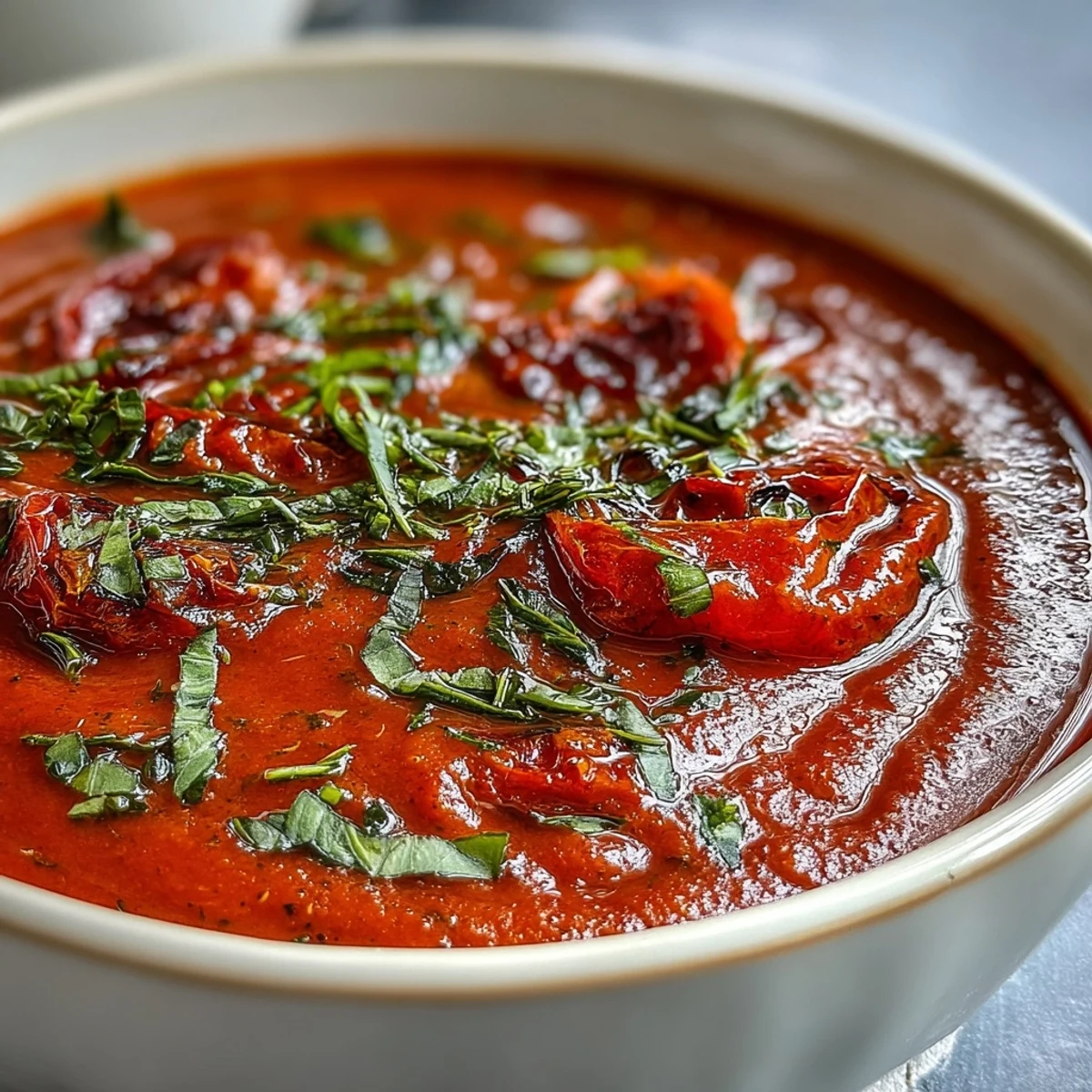 Roasted Tomato Basil Soup simmering in a white bowl, topped with fresh basil and croutons beside a glass of white wine.