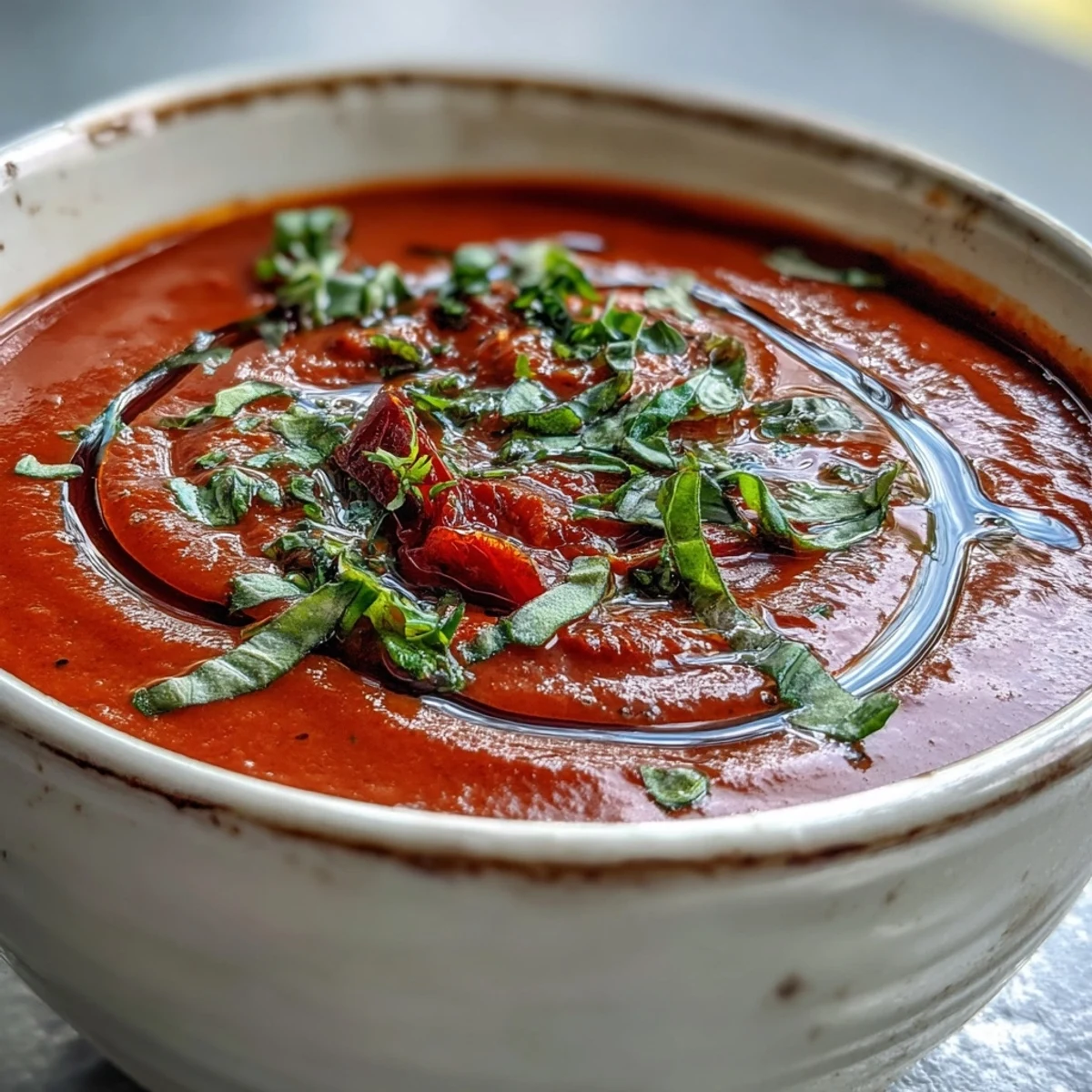 Freshly blended Roasted Tomato Basil Soup with a swirl of cream, garnished with basil, served with rustic toasted bread.