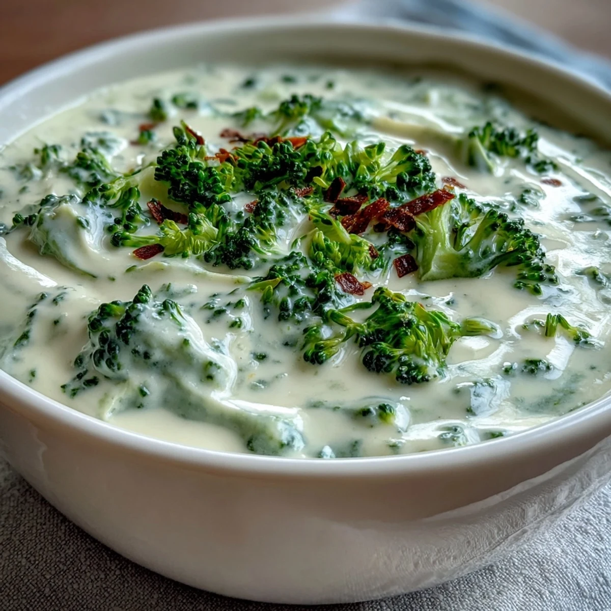Cream of Broccoli Soup with a velvety texture, garnished with croutons and fresh chives in a rustic bowl.