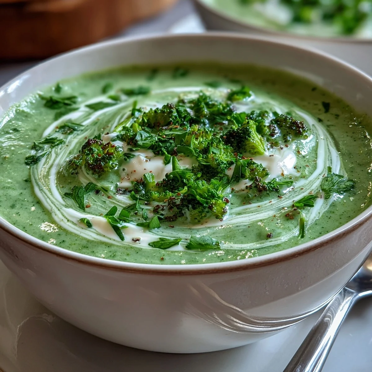 Hot Cream of Broccoli Soup swirled with cream in a white bowl, steam rising from the blended green mixture.