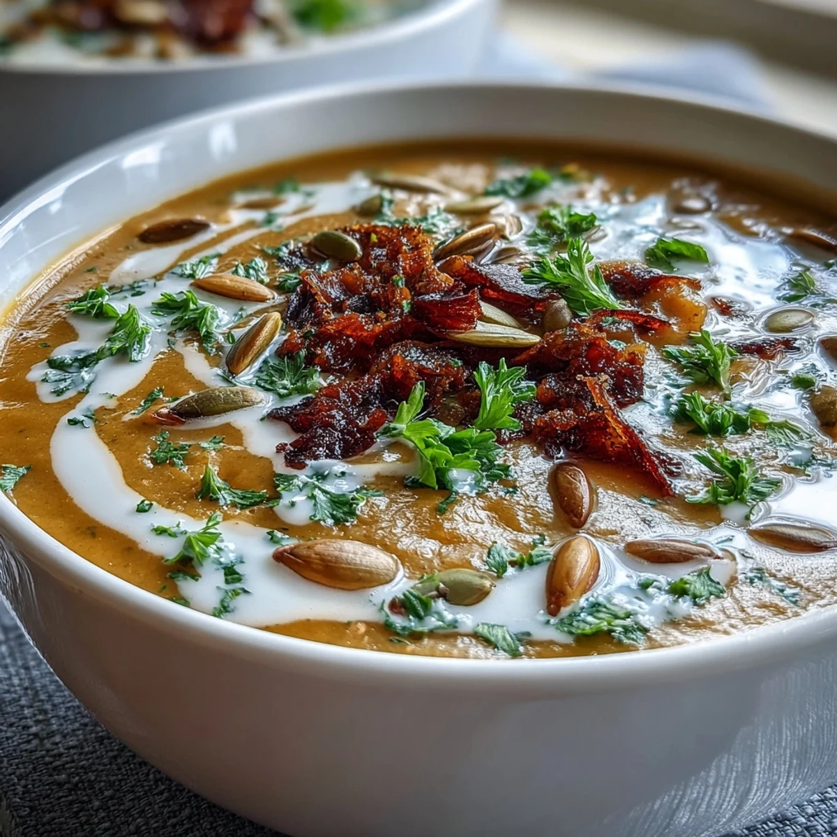 Healthy vegetarian roasted broccoli and butternut squash soup topped with fresh herbs in a cozy setting.
